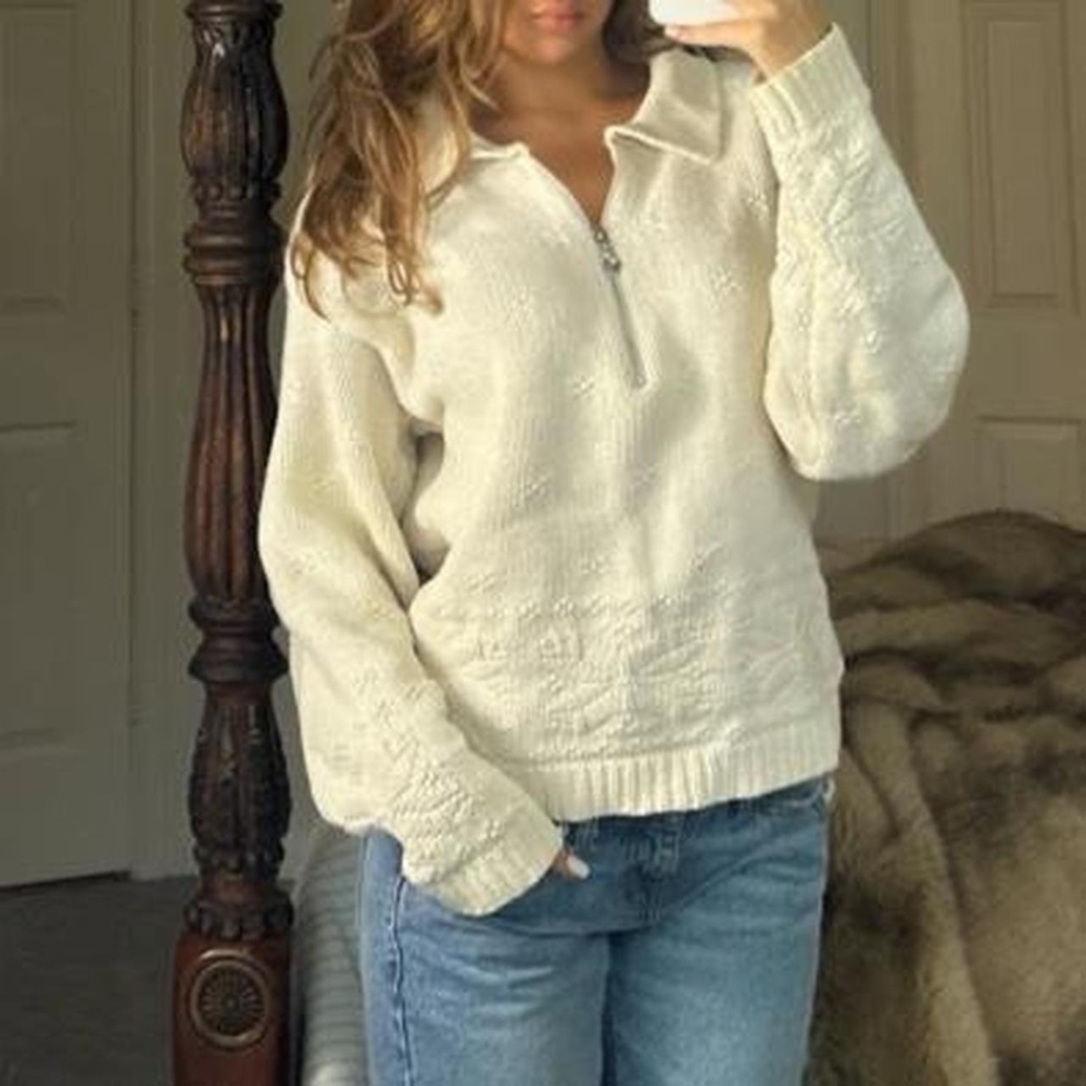 vintage cream textured quarter zip sweater